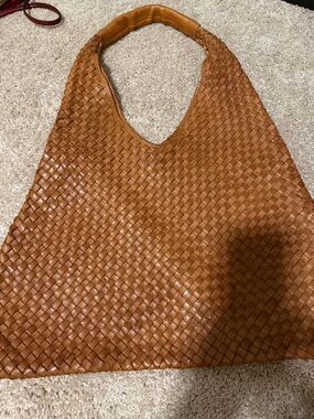Woven Leather Hobo Tote - Tan